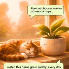 "The cat chooses me for afternoon naps. I watch this home grow quietly, every day." Plants share our spaces with everyone in the family, including our furry friends.