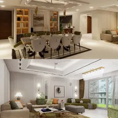Here, I designed an open-plan living and dining area that feels cohesive yet distinct. The dining space features built-in, backlit shelving, while the living area uses a mix of neutral sofas and green accent chairs for a comfortable, stylish look.