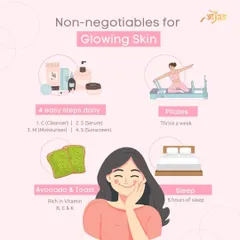 The non-negotiables for glowing skin go beyond products. A daily 4-step skincare routine, Pilates three times a week, a diet rich in vitamins from foods like avocado, and 8 hours of quality sleep are the pillars of true skin health.