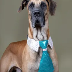 Who says big dogs can't be fashion icons? This handsome Great Dane is looking sharp and sophisticated in a custom tie, showing how I capture pet apparel on all breeds, big and small.