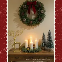 Make your home feel like Christmas with this classic setup. A festive wreath paired with my golden reindeer candelabra and miniature trees creates a perfect holiday console.