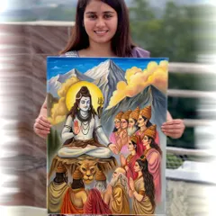 Holding the completed 16 by 24-inch canvas of Lord Shiva, a piece that took three days of dedicated painting.