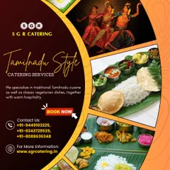 A traditional Tamil Nadu style meal, complete with rice, poori, and an assortment of vegetable curries and pachadi served in small bowls. We bring the authentic taste of regional South Indian cuisine to your wedding celebration.