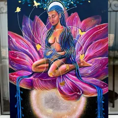 When I meditate, this is the transformation I feel. This painting shows a divine woman on a blooming lotus, cradling the universe. It represents serene acceptance and our connection to the cosmos, a perfect theme for a personal meditation space.