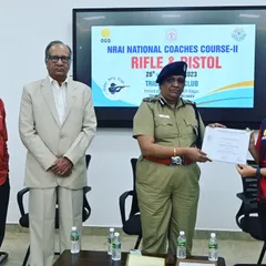 Our academy coach, Ms. Raksha, receiving her NRAI Coaching course completion certificate in Trichy, Tamil Nadu. We believe in continuous learning.