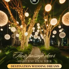 An enchanting passage decor concept where trees are wrapped in fairy lights and glowing orbs hang from the branches, creating a magical, starlit path for a destination wedding.
