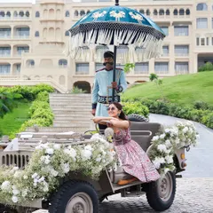Another moment from the Condé Nast Traveller shoot. We styled this vintage jeep with clouds of baby's breath for a playful and chic baraat entry shot, showcasing a modern take on wedding traditions.