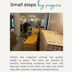 This is what overwhelm looks like: a room full of 52 cartons after a move. We know this feeling all too well. Our job is to take this heavy load off your shoulders, one box at a time, so you can feel the lightness and settle into your new home without the stress.
