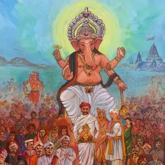 A detailed and vibrant painting of a Ganesha procession, created by a student for the CHITRAKAR art exhibition.
