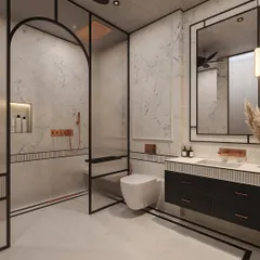The high contrast of black accents against pristine white marble gives this bathroom a fresh, contemporary sharpness. The design feels rooted in tradition with its classical forms, yet is undeniably modern in its execution.