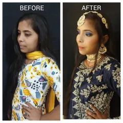 A student's work showing a complete makeup transformation. It's so rewarding to see them apply the techniques they've learned to create such beautiful results.