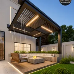 We design for ultimate relaxation. This pergola features a cozy fire pit, built-in seating, and an integrated swing. The louvered roof and ambient LED lighting make it the perfect spot for cool evenings and family gatherings.