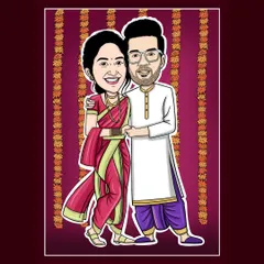 A digital couple caricature featuring traditional Marathi attire. This style is wonderful for wedding invitations or to celebrate cultural heritage.