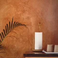 A close-up of the Lohi lime plaster finish, showing the subtle variations in texture and color that make natural walls feel alive. This finish is breathable, helping to regulate indoor temperature and humidity.