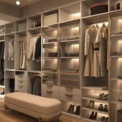 An expansive walk-in wardrobe designed for ultimate organization and elegance. This closet features custom sections for hanging clothes, glass-front drawers for accessories, dedicated shoe shelves, and integrated LED lighting throughout to illuminate your collection.