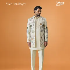 The Vanderphool Collection is all about celebrating nature. This full look shows how the hand-painted jacket pairs with a simple kurta and trousers, letting the artistry be the focus.