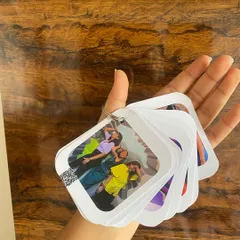 A still shot of the memory photo keychain, fanned out to show the different pictures inside. It's a compact and creative way to carry your cherished memories with you.