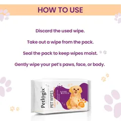 This graphic shows just how easy it is to use my Pet Wipes. Simply take one out, gently wipe your pet, and discard. Remember to seal the pack to keep the remaining wipes moist and ready for next time.