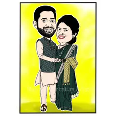 This custom couple caricature shows a couple in elegant traditional wear, making it an ideal choice for an engagement announcement or a personalized wedding gift.