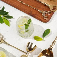 A refreshing flatlay of a summer drink surrounded by an ornate brass bar set. The bright lighting and fresh ingredients like lime and mint create a vibrant, appealing image for this home decor brand.