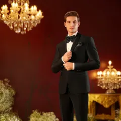 A classic black tuxedo styled for a Louis Philippe royal weddings campaign. The focus was on creating a look of timeless elegance through sharp tailoring, a peak lapel, and a perfectly knotted bow tie, set against a luxurious, warmly lit backdrop.