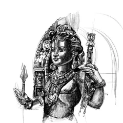 A more complete sketch of Ram Lalla, showing the detailed work on the archway behind him. This stage is crucial for establishing the full composition of the piece.