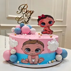 Another creative gender reveal cake, using a split pink and blue design and adorable illustrated babies.