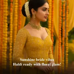 For a Haldi ceremony, a simple and elegant gajra bun is a beautiful choice. It keeps the hair neatly away from the face while adding a touch of traditional grace that complements the yellow attire.