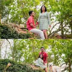 Finding the perfect spot in nature is key to our outdoor sessions. These two shots show the family interacting naturally, with their happy golden retriever taking center stage, showcasing the relaxed and candid style of our pet photography.