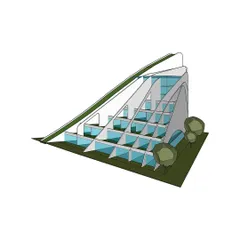 A 3d model of the terraced and peeled concept, showing individual units with green roofs.