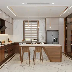 A modern U-shaped kitchen that combines wood-grain lower cabinets with sleek white upper cabinets. The design includes a breakfast bar island and a full-height, glass-fronted wine and beverage fridge.
