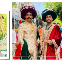 A powerful look for two. These clients are channeling the regal spirit of Bajirao Mastani in our exquisite Peshwai sherwanis, perfect for a themed wedding or event.