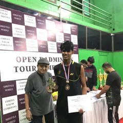 Another champion from the academy with his medal and trophy at the Chheda Nagar Gymkhana Open Badminton Tournament. His dedication during practice really showed.