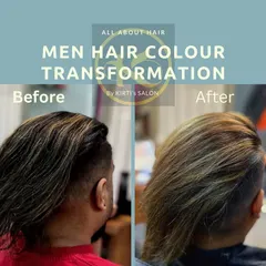 This before-and-after shows a men's hair color and highlight service. The new color adds texture and a modern edge, completely updating the client's look.