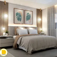 A beautiful bedroom design featuring a custom headboard with botanical art prints and stylish pendant lights. The wood-panelled accent wall adds warmth and texture to the space.