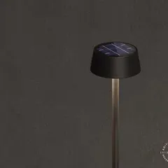 This is a detail shot of the head of our solar lamp post. The high-efficiency solar panel is seamlessly integrated into the top, ensuring it captures maximum sunlight during the day to power the light through the night.