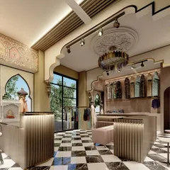 Another 3D view of the boutique concept, highlighting the intricate details like the ceiling medallion, traditional lanterns, and custom arched window frames that define the space's character.