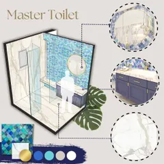 A design board for a master toilet, showing the material selection of Moroccan tiles and marble, alongside an isometric view and detail shots. This helps the client understand the look and feel before finalizing.