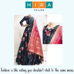 A floor-length floral Anarkali paired with a traditional silk border dupatta. I pay close attention to the neckline and fit to ensure the final garment is both stunning and comfortable for any special occasion.