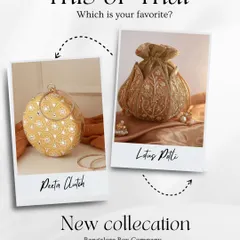 Which is your favorite? We're showcasing two stunning new additions to our collection: the intricately embroidered 'Peeta Clutch' and the elegant, traditional 'Lotus Potli'. Both are perfect for wedding festivities.