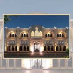 A full frontal view of the Rakab Ganj Sahib render, emphasizing the balance and proportion in its design. The structure's blend of simplicity and grandeur is a hallmark of classic Sikh architecture.