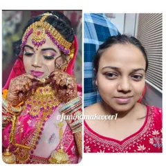 A powerful before and after of one of my brides. I believe makeup should enhance your natural beauty, not hide it. Here, I focused on creating a flawless base, dramatic eyes, and a bold lip to match her stunning pink bridal lehenga.
