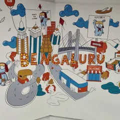 For the Xiaomi India office, we created a custom doodle mural that tells the story of Bengaluru. It's packed with local landmarks, from the Vidhana Soudha to the BMTC bus, all tied together with the fun Mi bunny mascot.