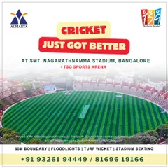 Cricket just got better. Our newly renovated stadium in Bangalore features state-of-the-art floodlights, a professional turf wicket, and comfortable stadium seating for the full match-day experience.