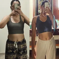 This is Kripa's amazing transformation, achieved without focusing on weight loss. We targeted inch loss and body recomposition, resulting in a significant reduction in stomach fat and a beautifully sculpted midsection. This shows the power of tailored workouts.
