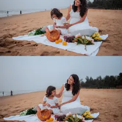 A beautiful picnic setup on the sand for a mother and daughter. The top frame shows them sharing a quiet moment, while the bottom frame captures a sweet, interactive glance, showcasing the gentle connection between them.
