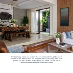 This excerpt from a feature article discusses how we used warm hues and ambient lighting to celebrate the element of 'Fire' in our Villa Tranquility project. Our designs often draw inspiration from nature to create harmonious and vital living spaces.
