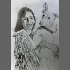 This was a lovely commission to draw a woman with her cherished pet. The joy in her expression shows the pure love between them, which I aimed to capture with my pencils.