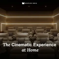 A beautiful shot of a completed theater with cream-colored recliners and soft, linear ambient lighting. The text overlay emphasizes the cinematic experience at home.