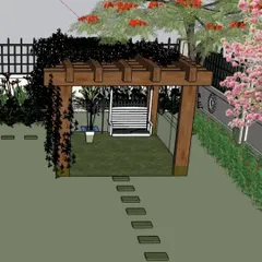 A detailed 3D view of a proposed garden feature. This mockup shows a wooden pergola with a swing, surrounded by climbing plants and a stepping stone path.